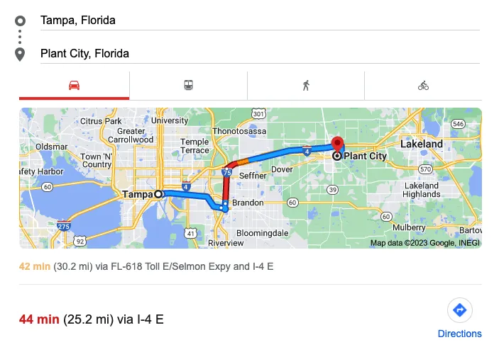 Plant City FL to Tampa FL Directions 